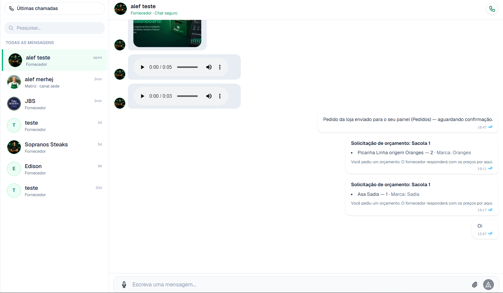 Mensagens e chat integrado no PriceFood